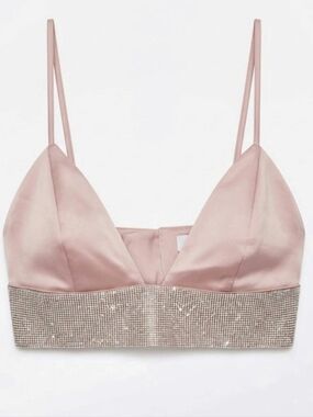 755 TOBI Rhinestone Plunge Bralette Satin Crop Top Mauve Pink S